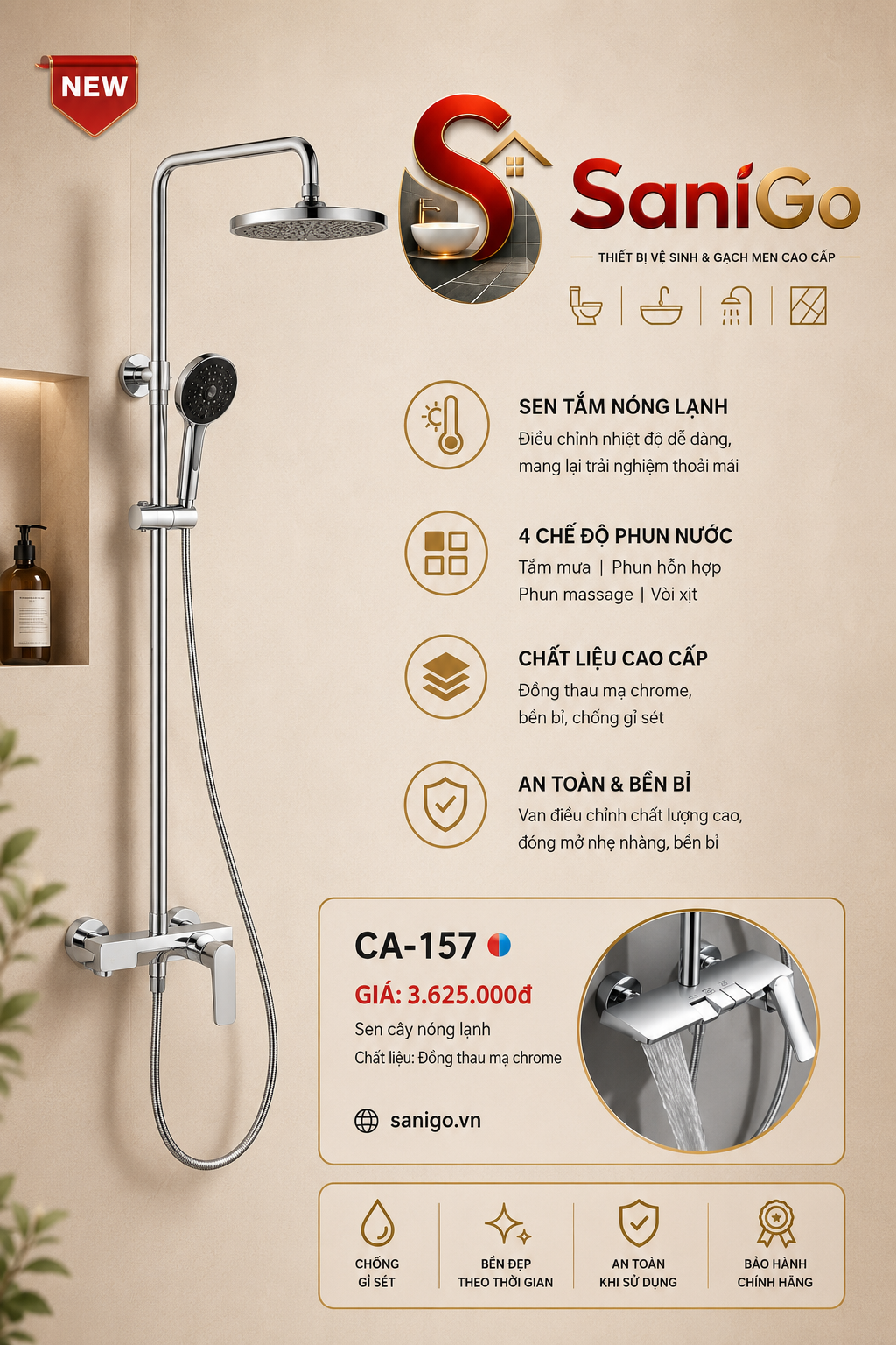 Sen Cây Nóng Lạnh CA-157 Chrome – 4 Chế Độ Nước Tiện Nghi