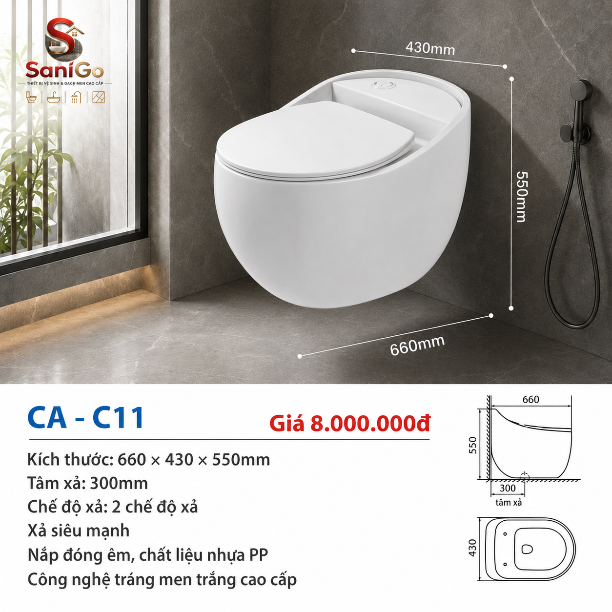 Bàn Cầu Một Khối CA-C11 – Thiết Kế Tinh Gọn, Hai Chế Độ Xả