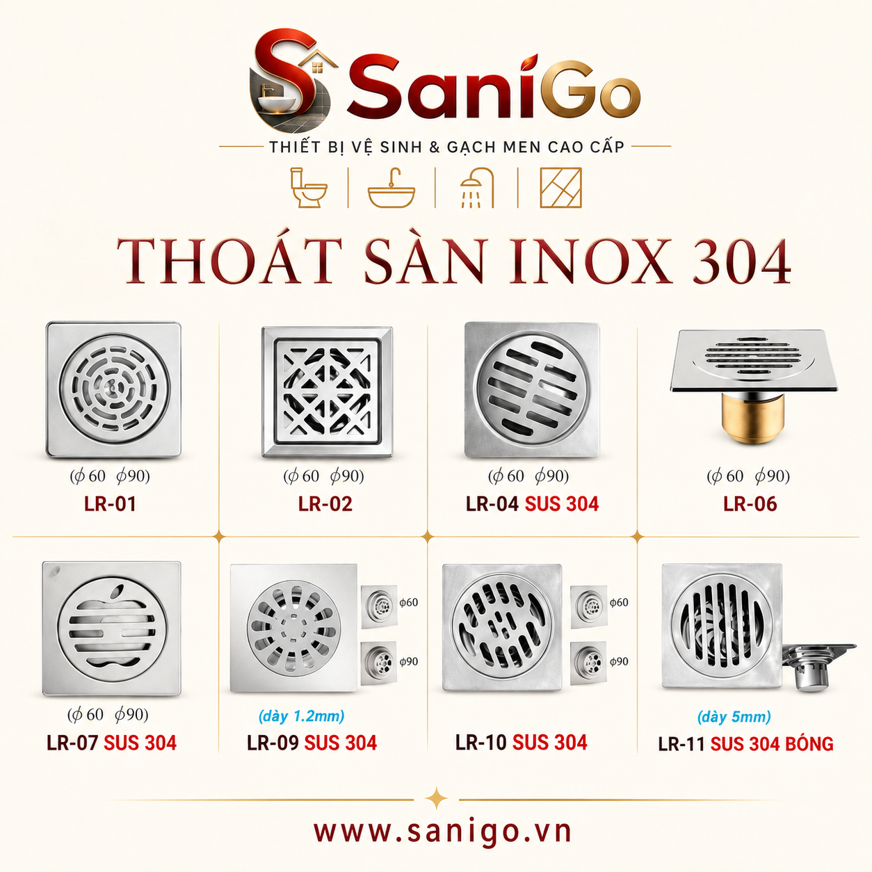 THOÁT SÀN INOX 304 SANIGO – BỀN ĐẸP, THOÁT NƯỚC NHANH